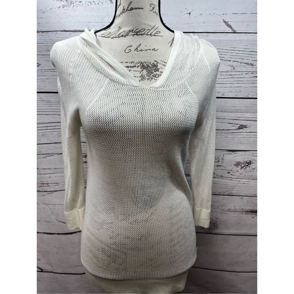 Guy Harvey Collection White Open Knit Hoodie Sweater Viscose Womens Small